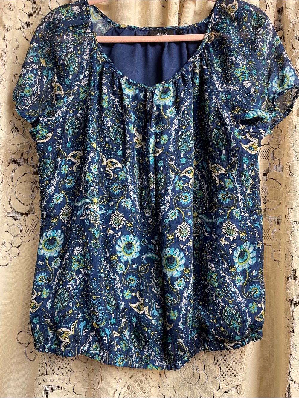 Apt. 9 Navy Floral Short Puff-Sleeve Blouse Size L